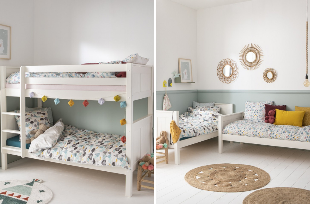 A gauche, photo du lit superposé blanc Arthur classique et à droite, photo de ce même lit superposé séparé en deux couchages distincts
